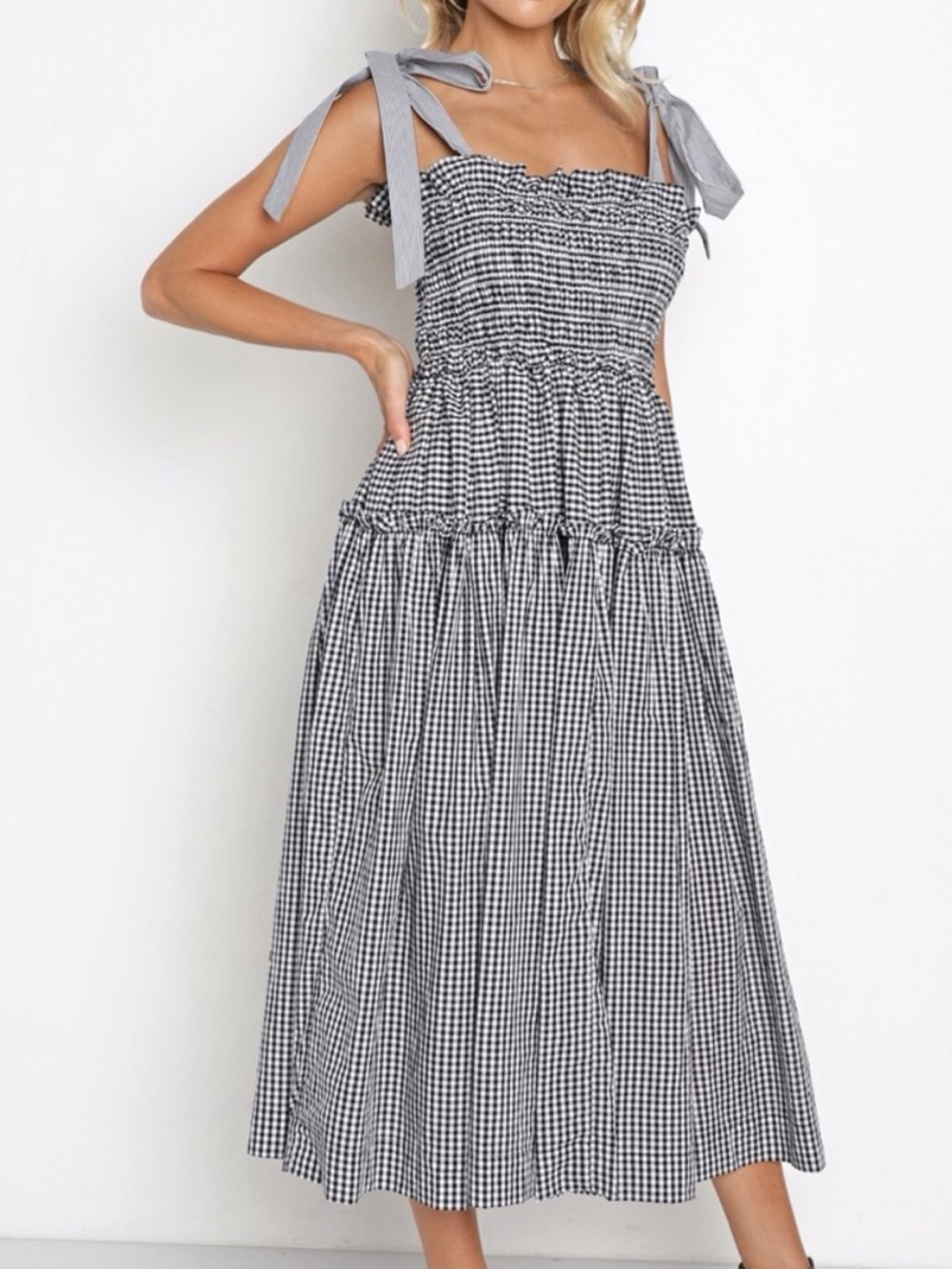 🧺 Anthropologie En Saison Black White Gingham Smocked Midi Dress Bow Tie Straps